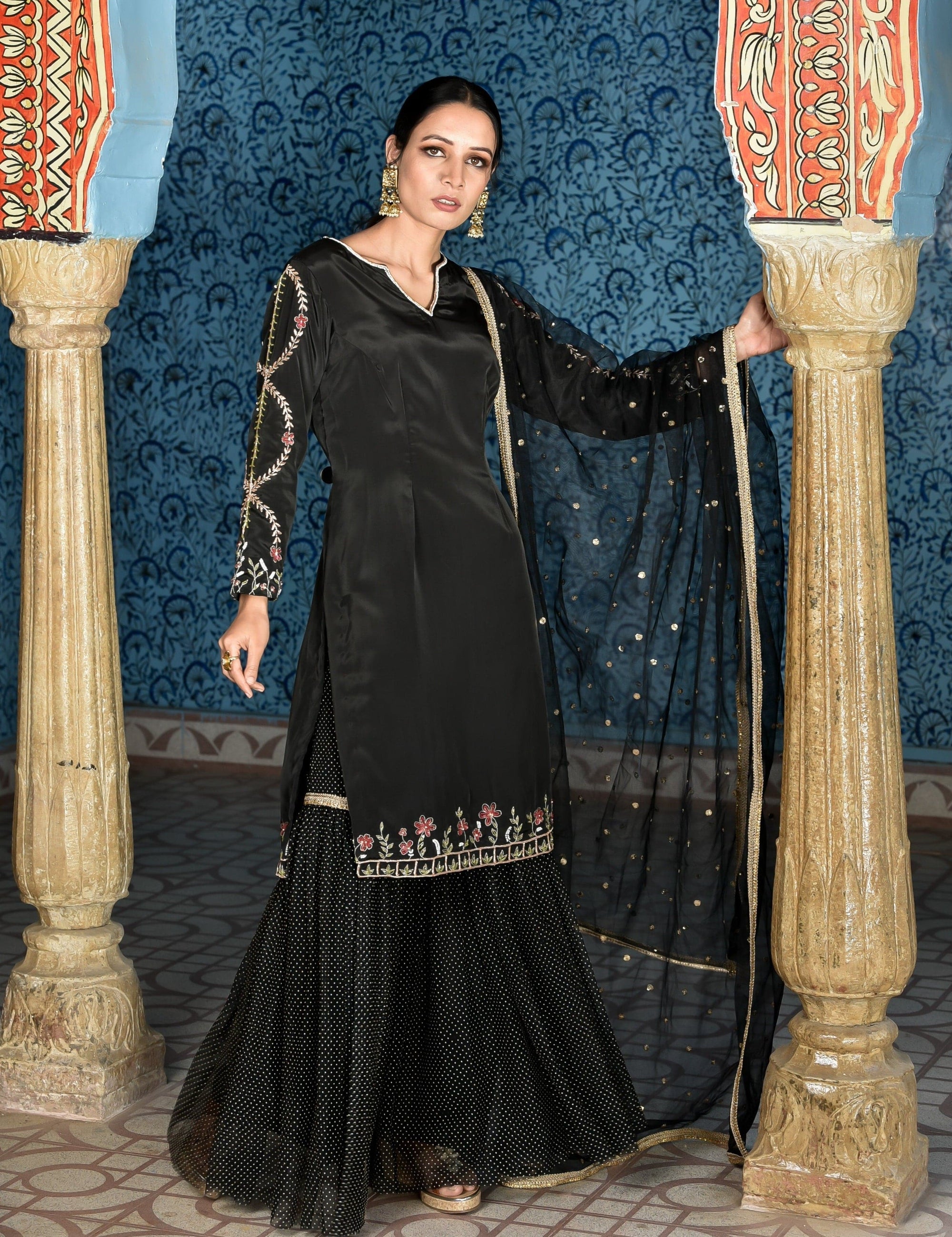 Black Crepe Sharara Set - black sharara Australia