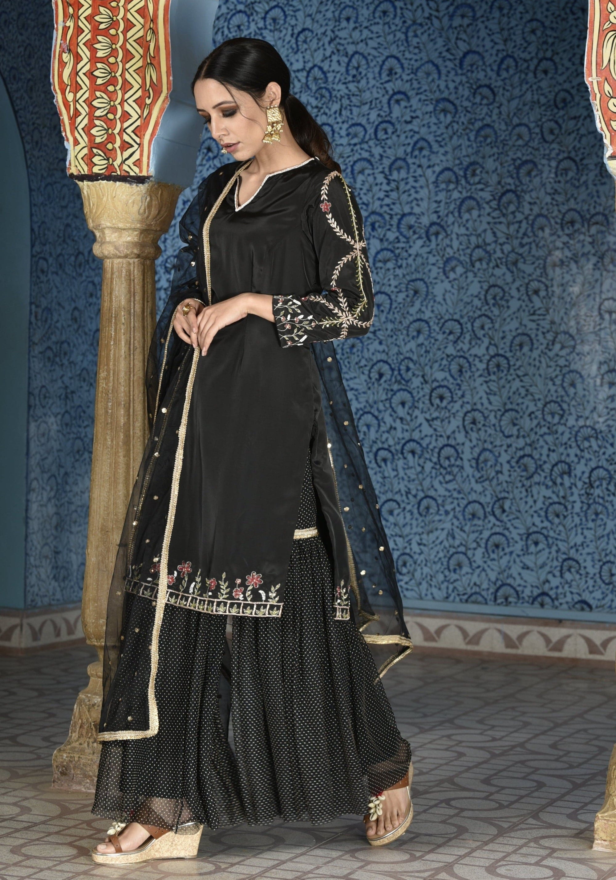 Black Crepe Sharara Set - black sharara Australia