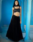 Black Embroidered Blouse with Tiered Skirt and Net Dupatta