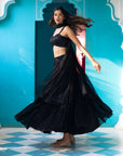 Black Embroidered Blouse with Tiered Skirt and Net Dupatta