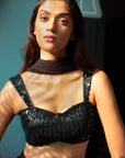 Black Embroidered Blouse with Tiered Skirt and Net Dupatta