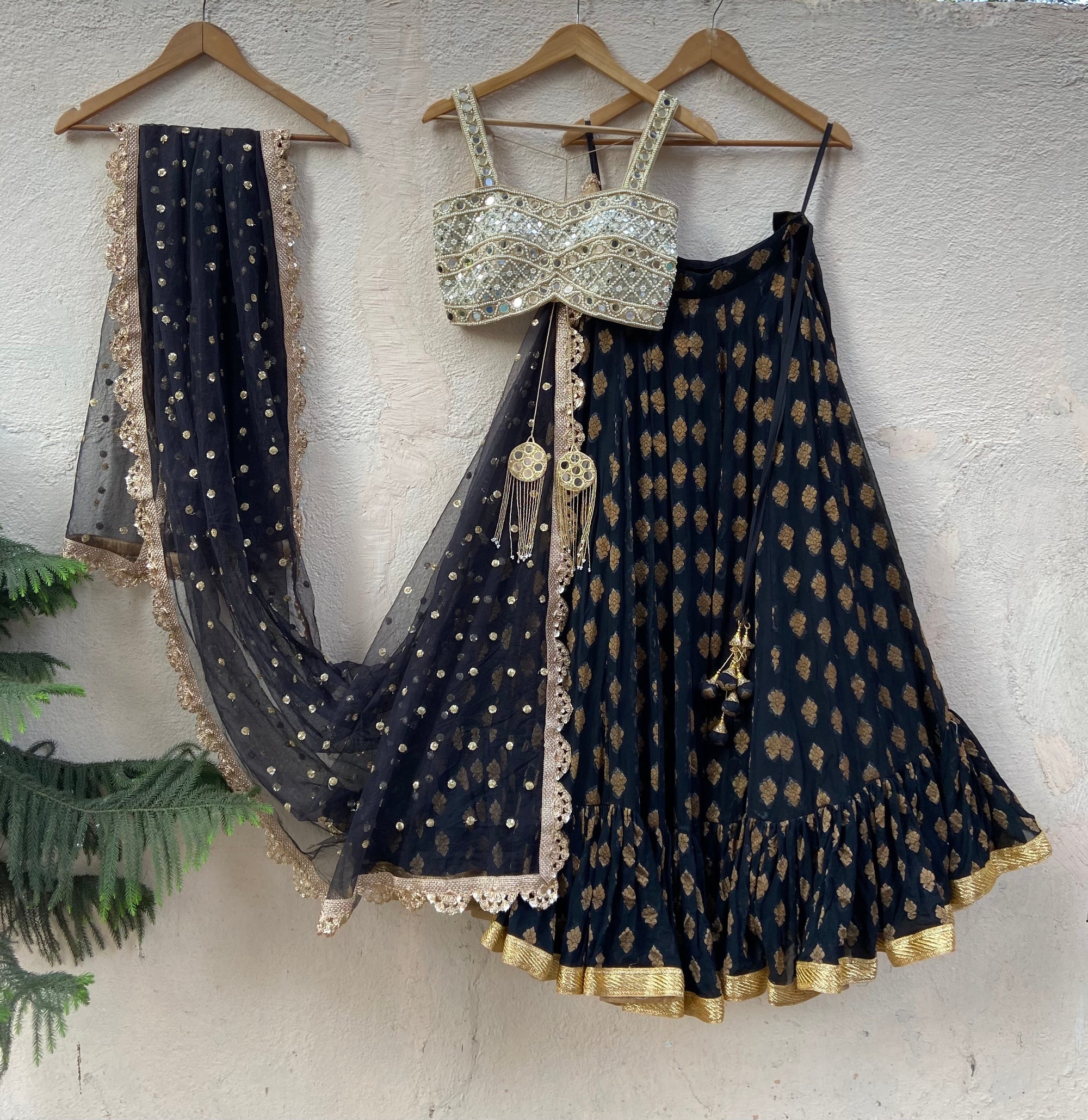 Black Ruffle Lehenga Set with Mirror Blouse - Australia