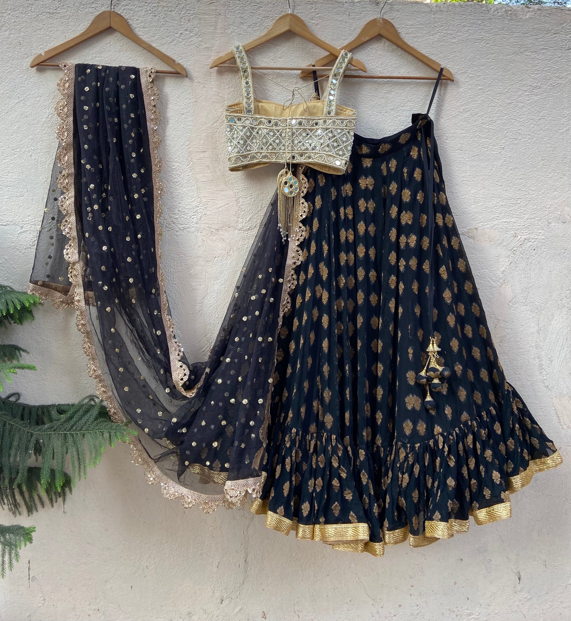 Black Ruffle Lehenga Set with Mirror Blouse