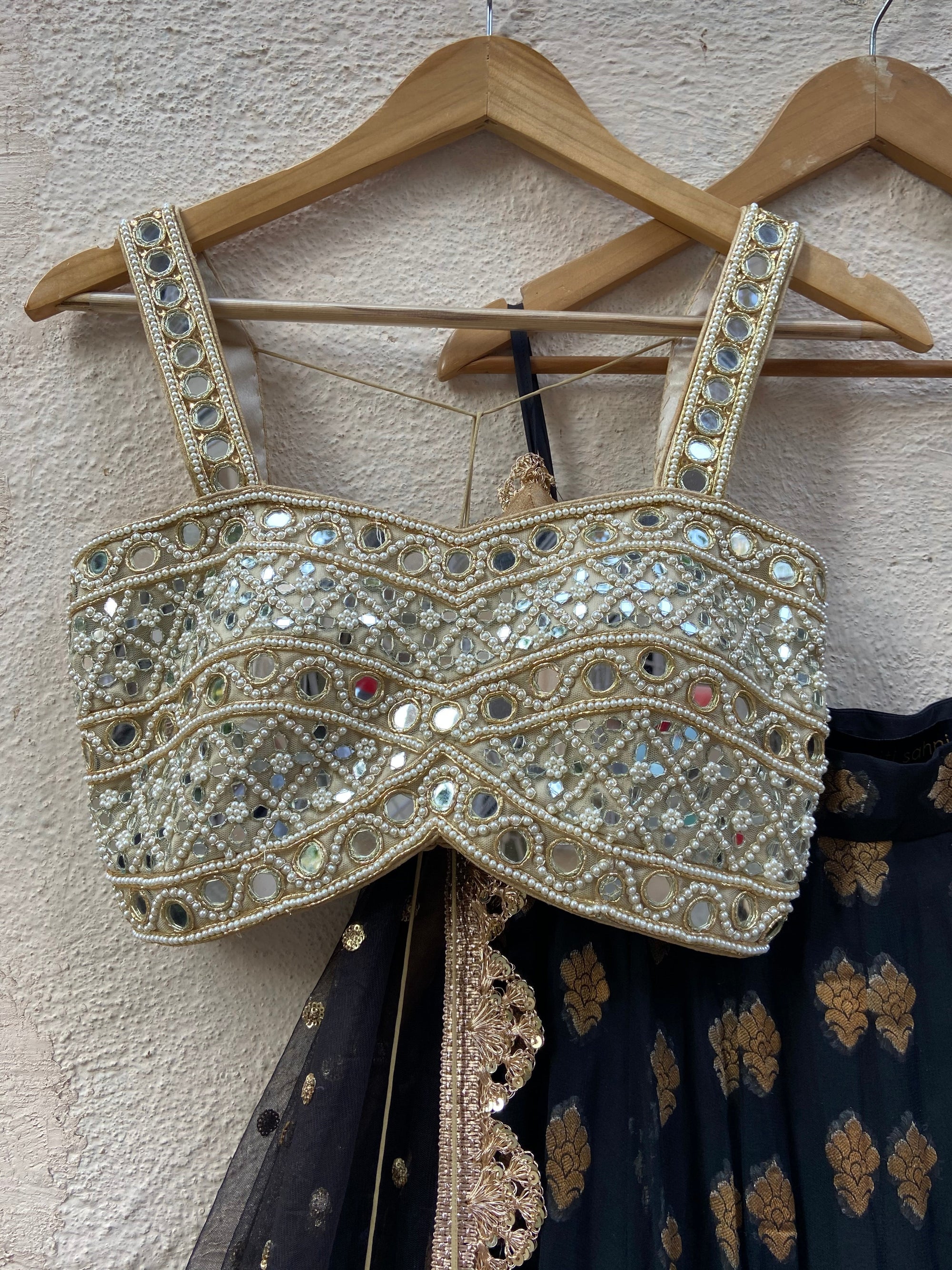 Black Ruffle Lehenga Set with Mirror Blouse