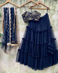 Black Tier and Ruffle Set with Bustier - black lehenga