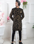 Black Velvet Self Jamawar Short Sherwani - Groom Sherwani UK