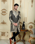 Black Velvet Sherwani with Hand-worked Motif