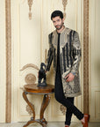Black Velvet Sherwani with Hand-worked Motif - Wedding Sherwani
