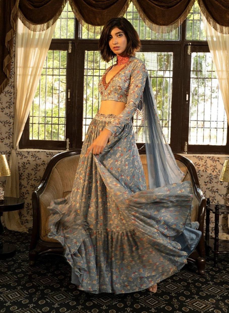 Blue Grey Printed Lehenga Set - grey lehenga Australia