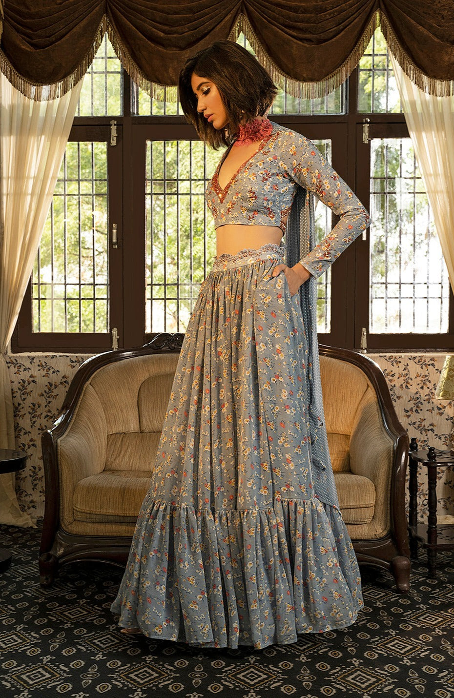 Blue Grey Printed Lehenga Set