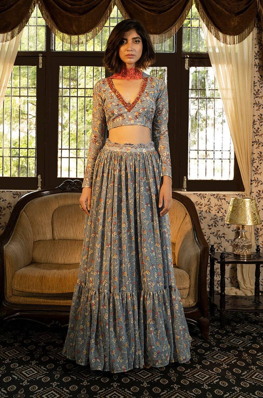 Blue Grey Printed Lehenga Set - grey lehenga Australia