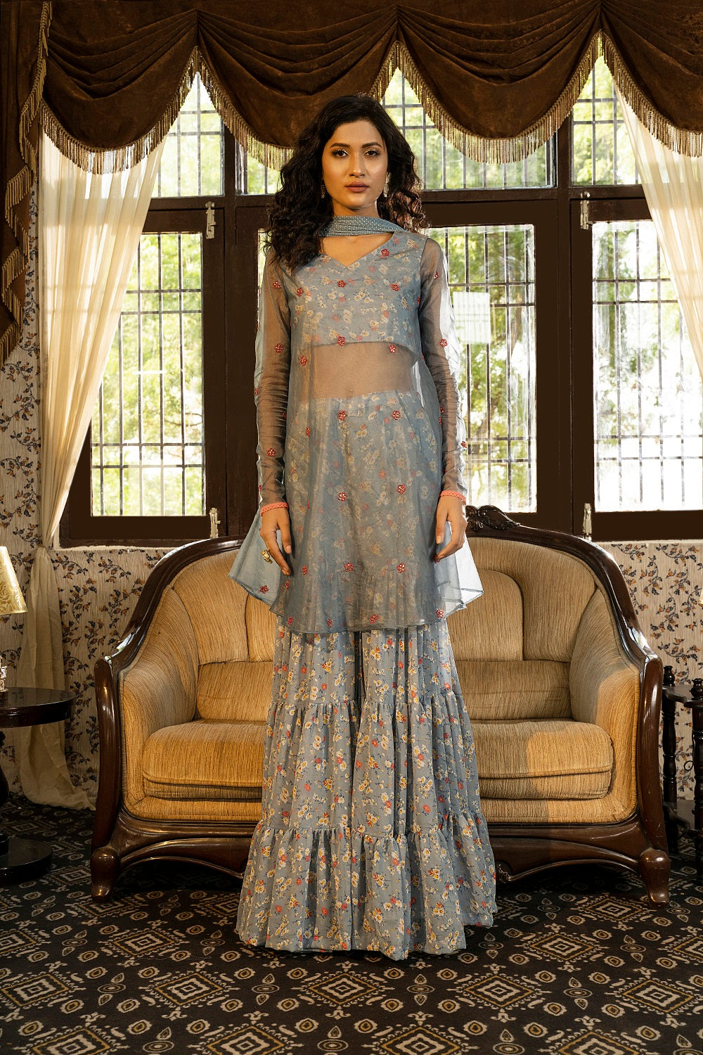 Blue Grey Sharara Set