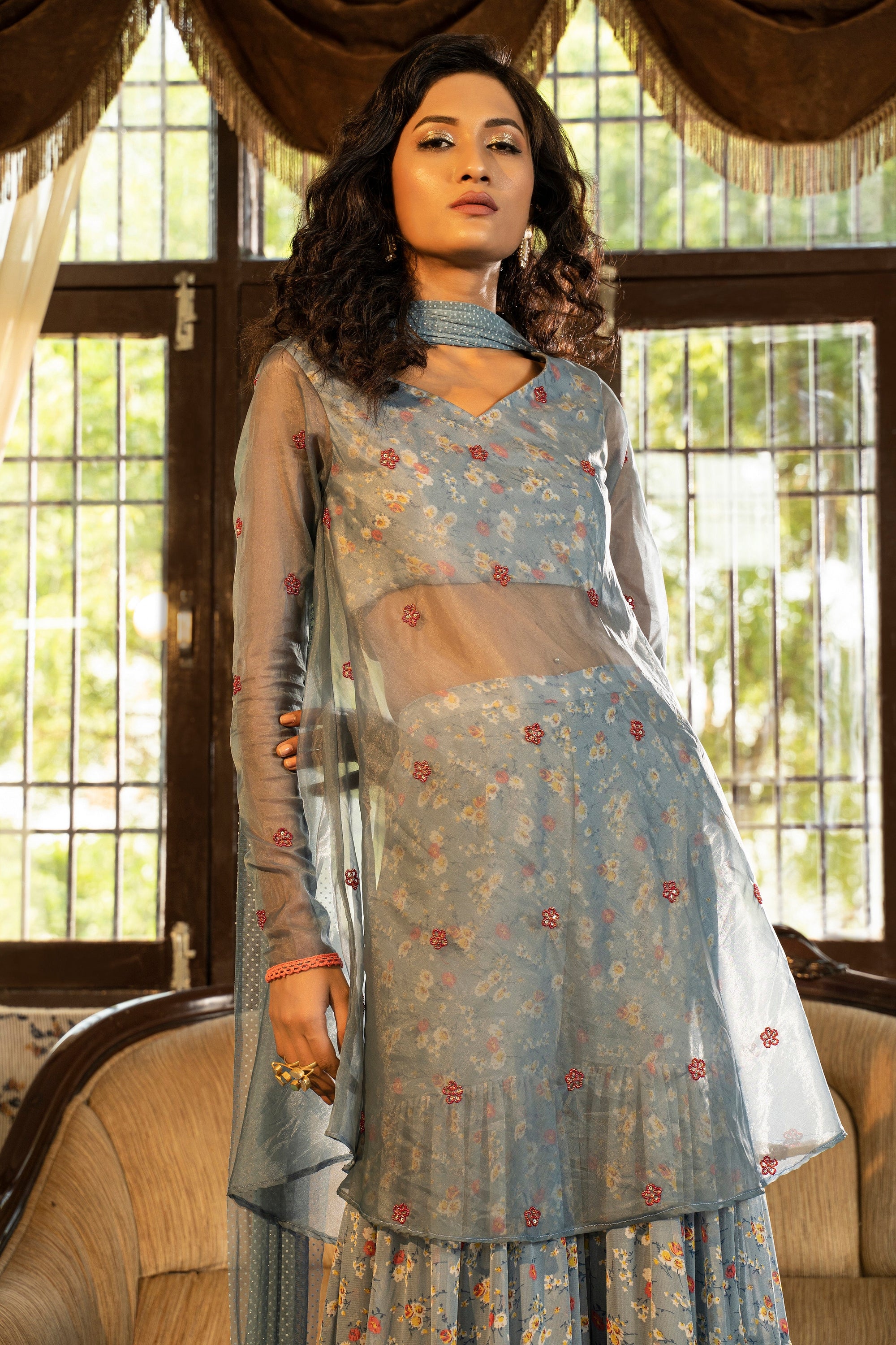 Blue Grey Sharara Set