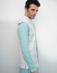 Blue Kurta with White Multi Sequins Bundi and Pants