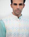 Blue Kurta with White Multi Sequins Bundi and Pants