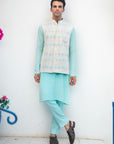 Blue Kurta with White Multi Sequins Bundi and Pants