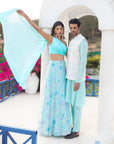 Blue Multi Sequins Skirt with Light Blue Drape Blouse and Dupatta