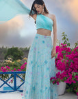 Blue Multi Sequins Skirt with Light Blue Drape Blouse and Dupatta - light blue colour lehenga Australia