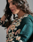 Bottle Green and Peach Embroidered Jacket Set