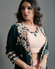 Bottle Green and Peach Embroidered Jacket Set