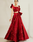 Brill Crimson Sculpted Blouse with Skirt