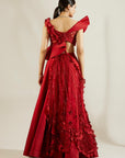 Brill Crimson Sculpted Blouse with Skirt