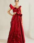 Brill Crimson Sculpted Blouse with Skirt
