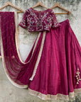 Burgundy Raw Silk Lehenga Set with Mirror and Thread Work - silk lehenga choli