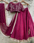Burgundy Raw Silk Lehenga Set with Mirror and Thread Work - silk lehenga choli