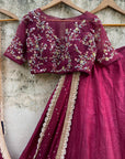 Burgundy Raw Silk Lehenga Set with Mirror and Thread Work - embroidered blouse