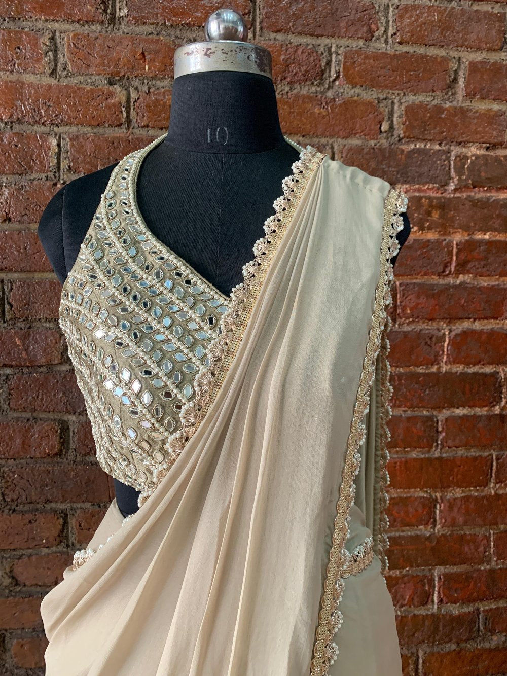 Beige Pre-Stitched Saree with Mirror Blouse