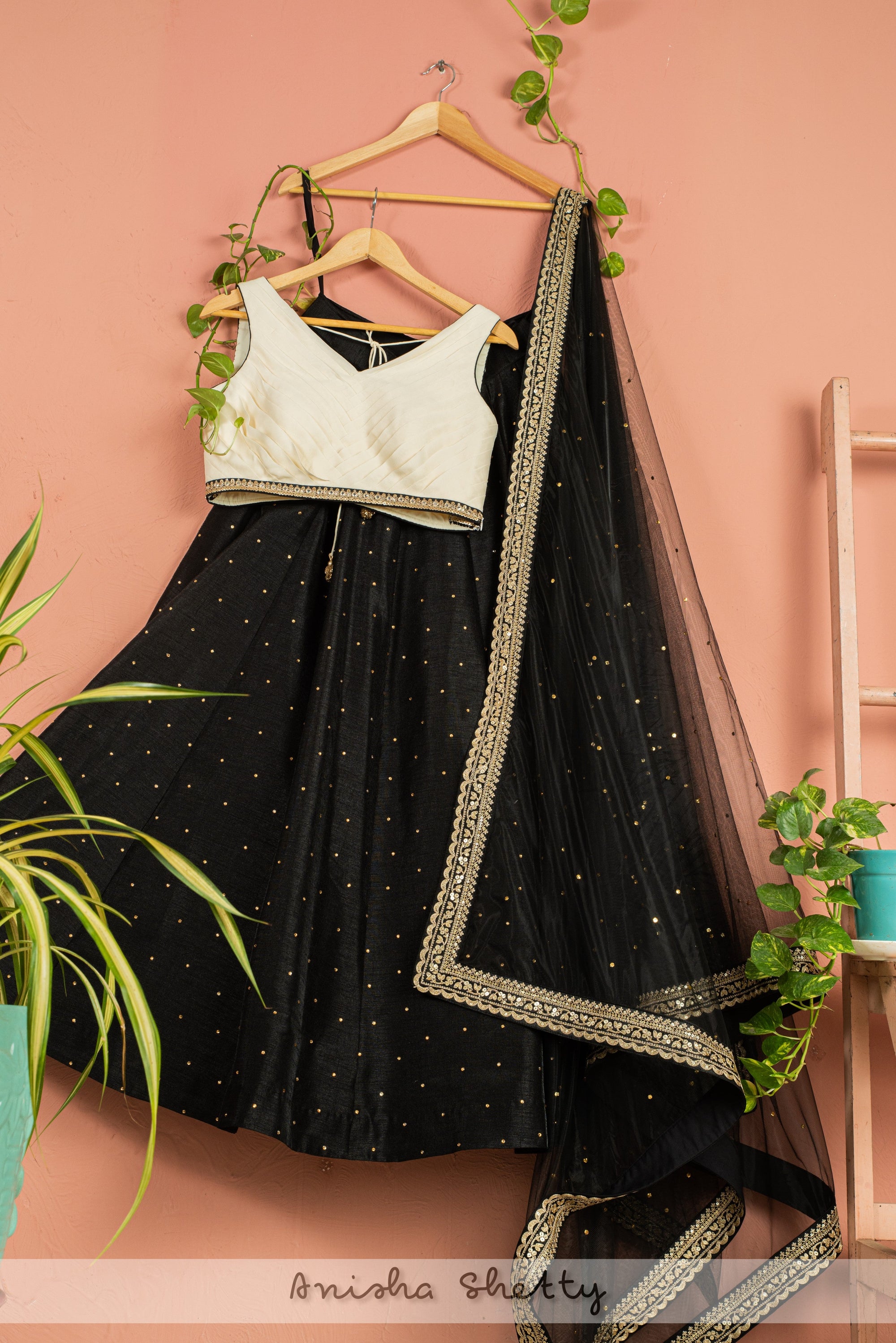 Charcoal Black Lehenga with Ivory Blouse