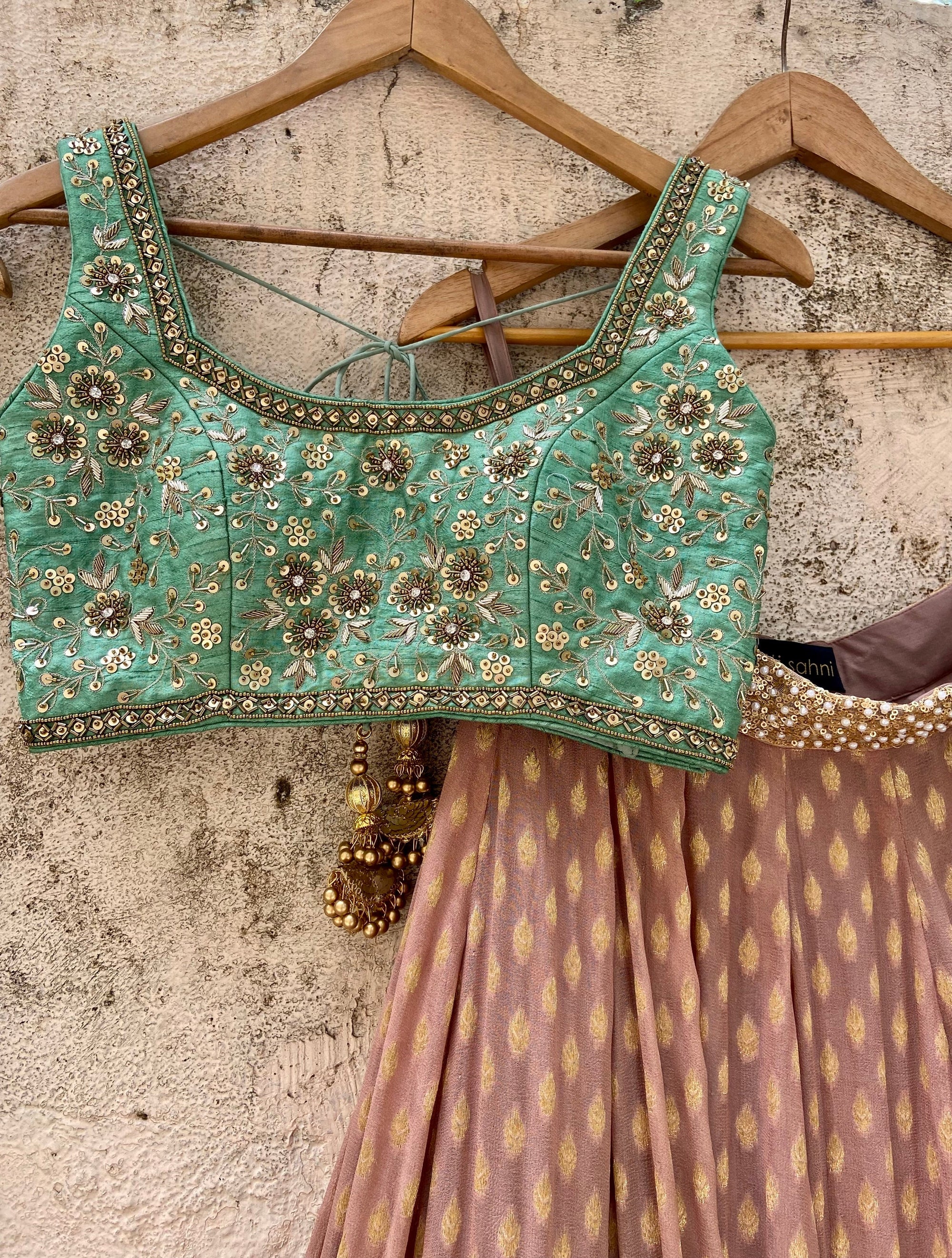 Chestnut Brown and Jade Green Lehenga Set