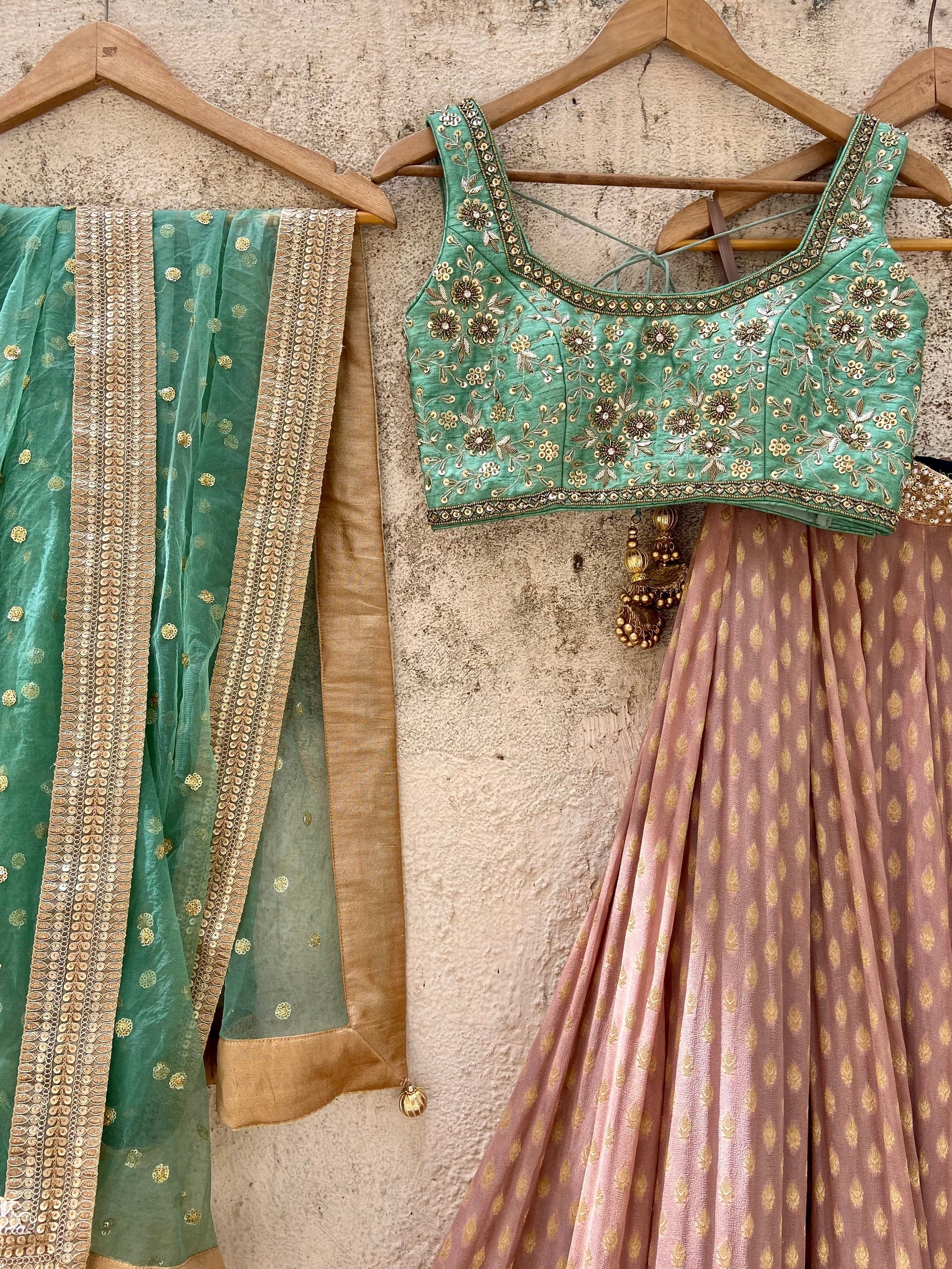 Chestnut Brown and Jade Green Lehenga Set