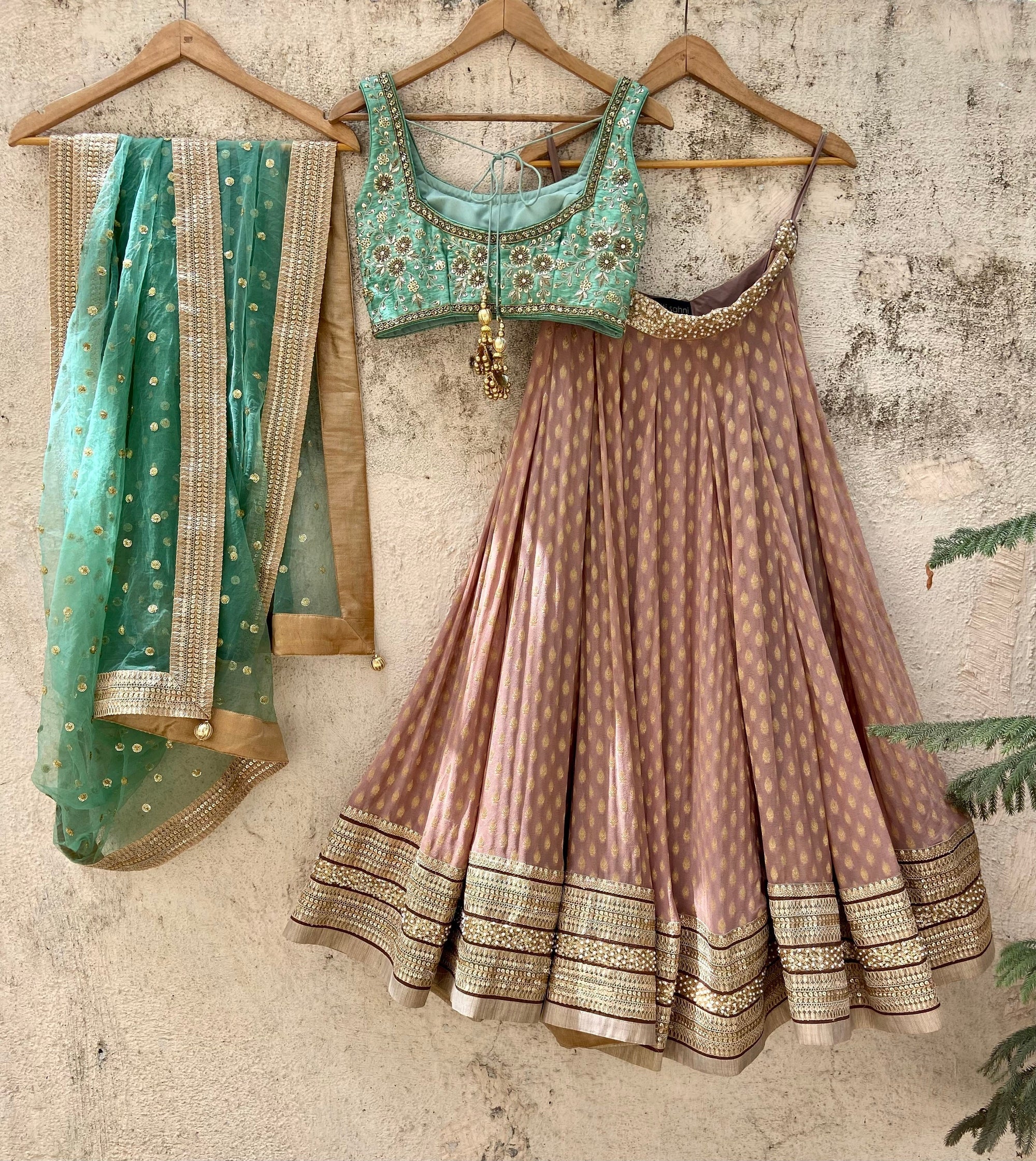 Chestnut Brown and Jade Green Lehenga Set