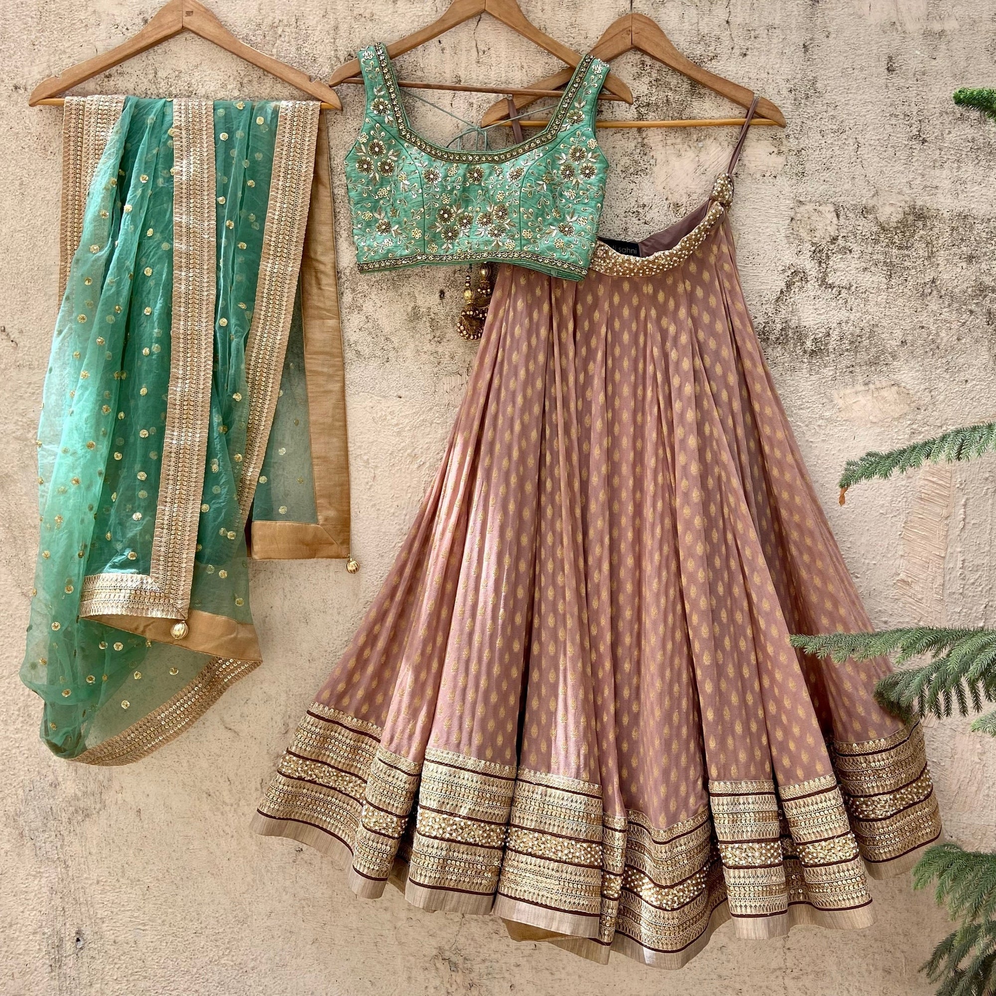 Chestnut Brown and Jade Green Lehenga Set