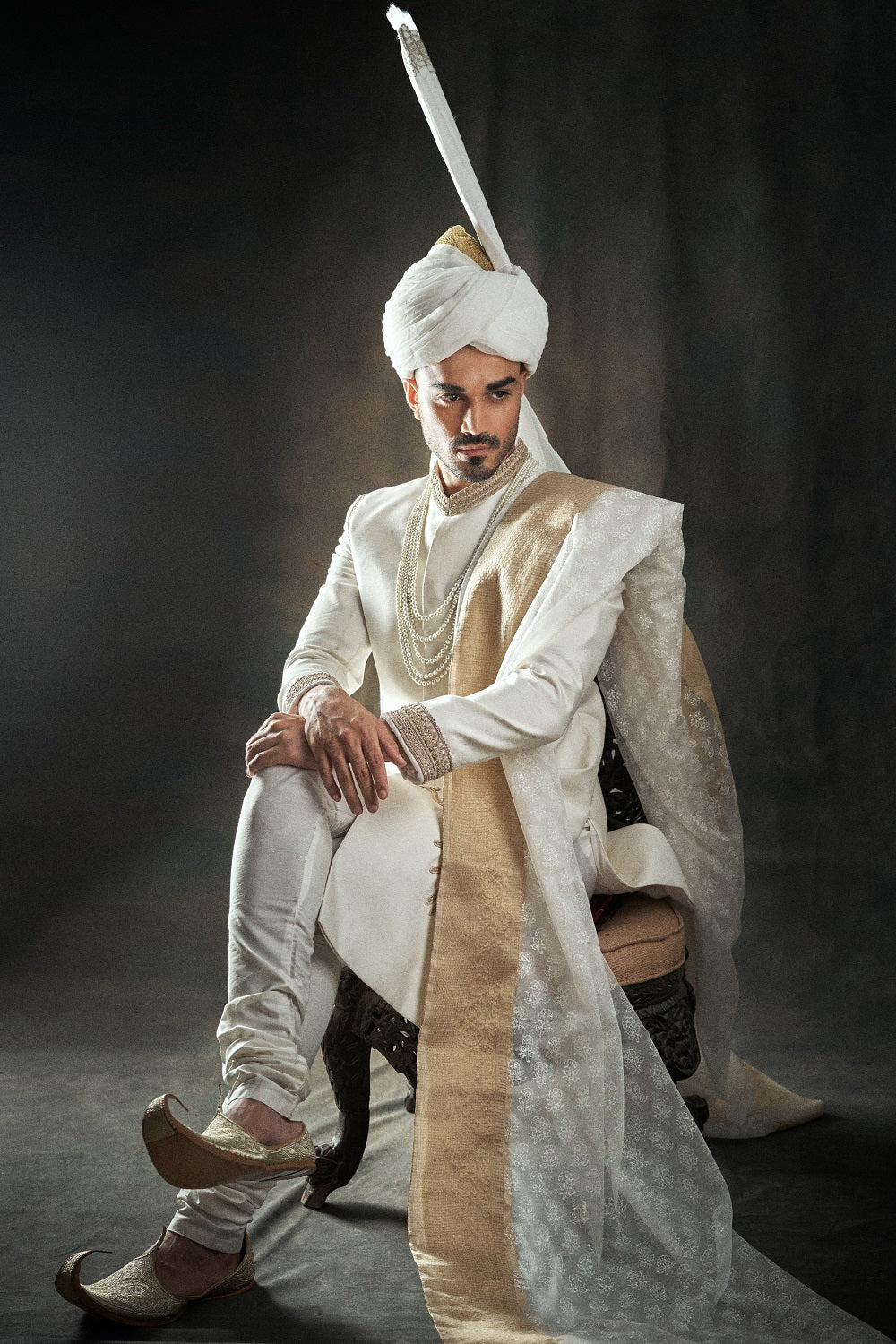 Collar Sleeve Work Sherwani along with Turban