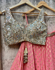 Coral and Beige Mirror Work Lehenga Set