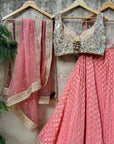 Coral and Beige Mirror Work Lehenga Set