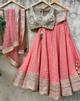 Coral and Beige Mirror Work Lehenga Set