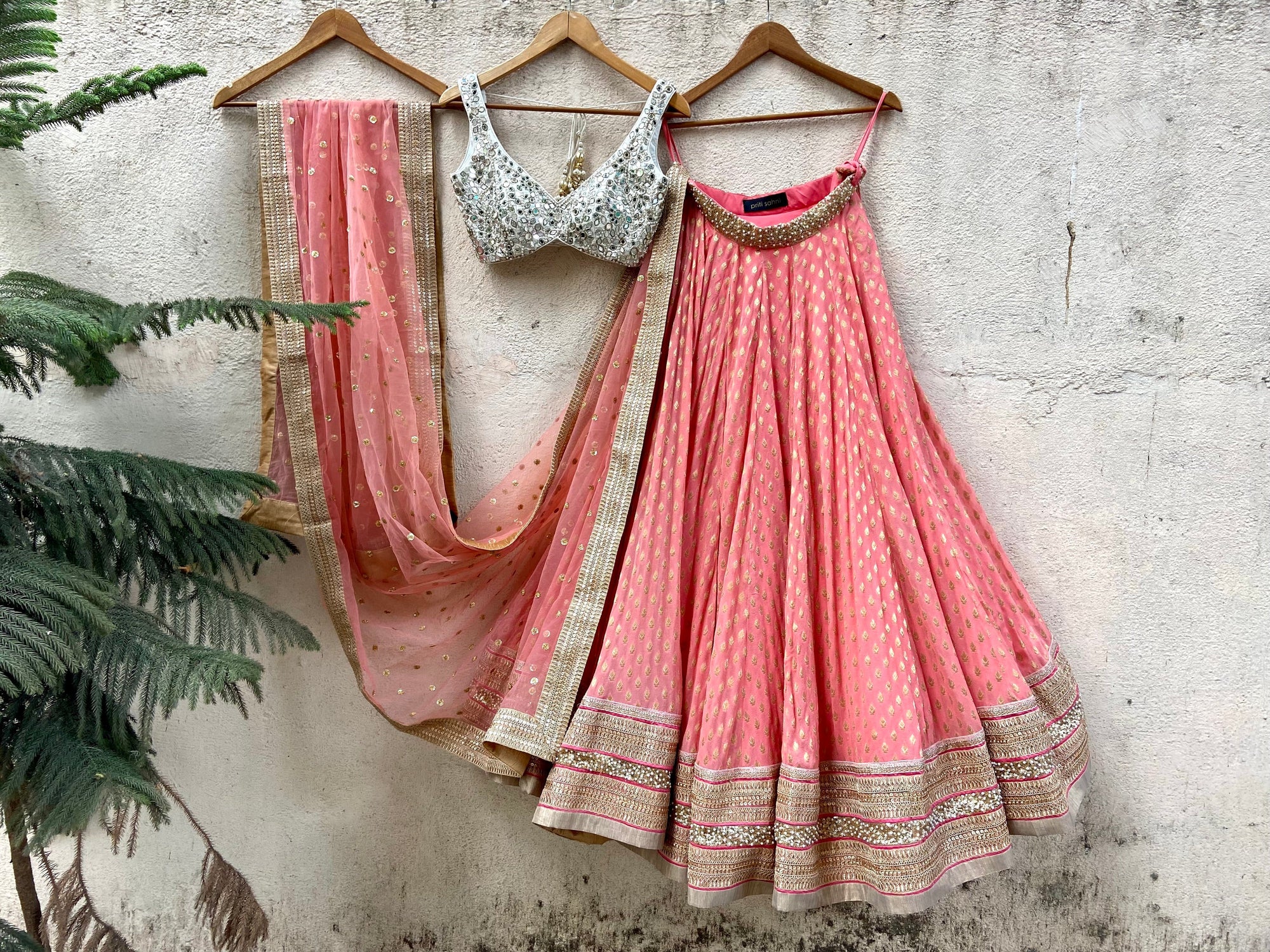Coral and Ivory Mirror work Lehenga Set