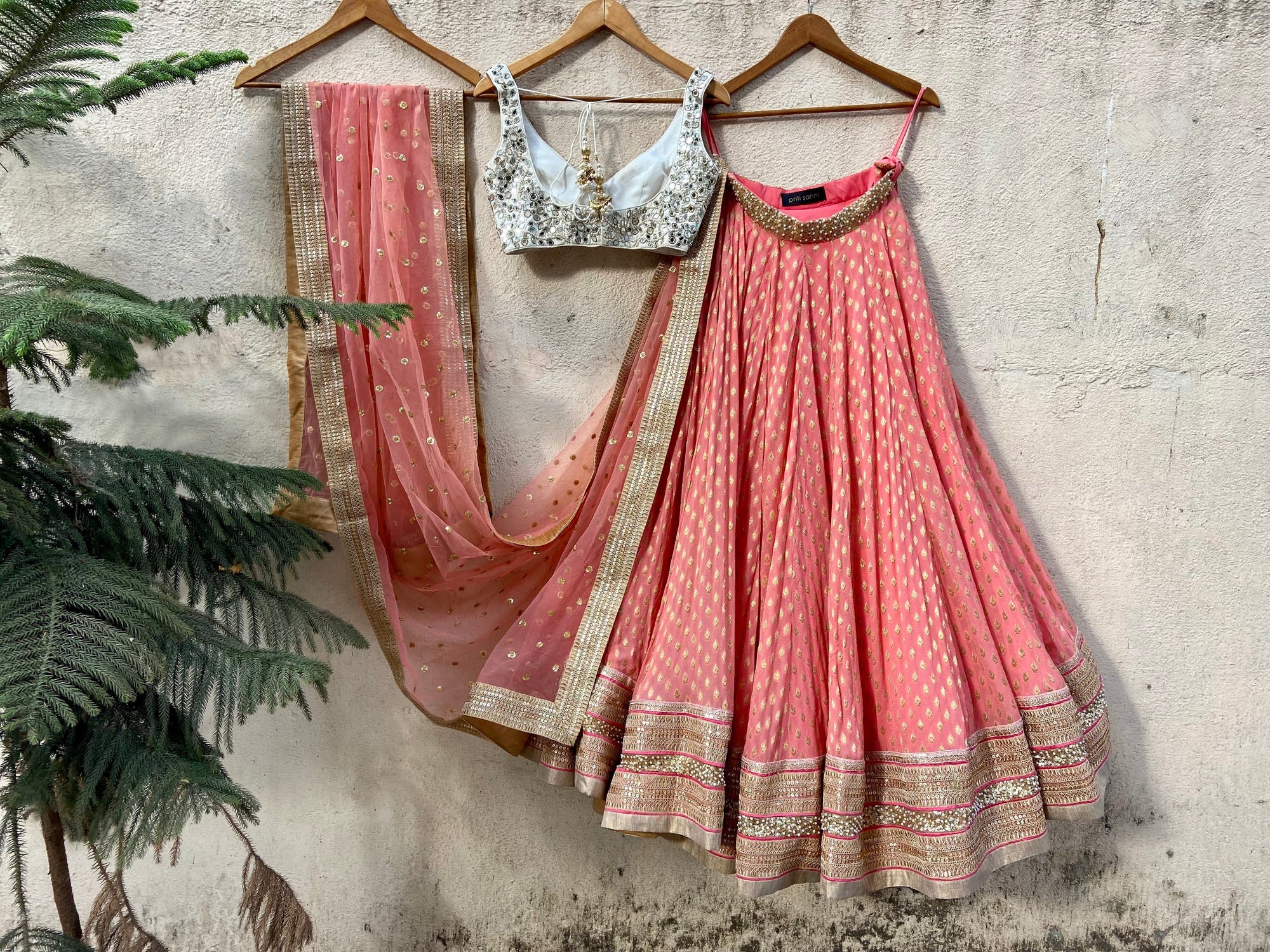 Coral and Ivory Mirror work Lehenga Set