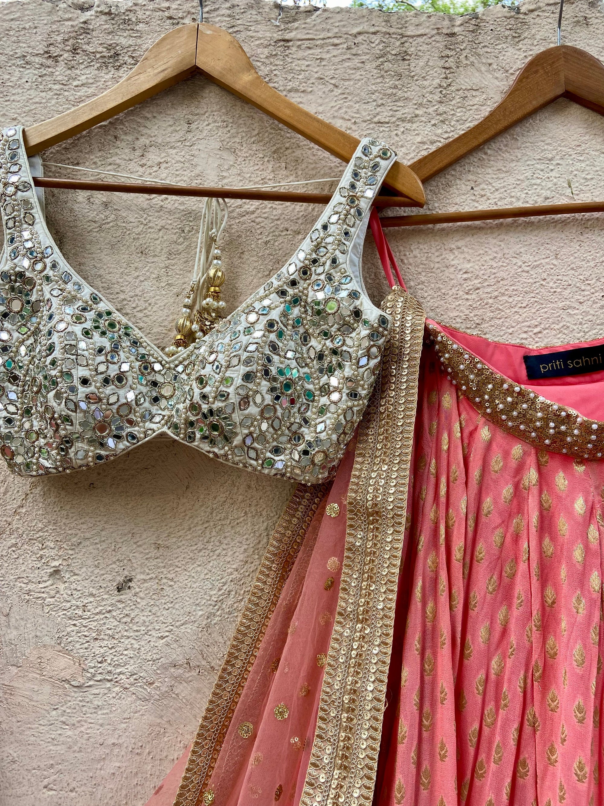 Coral and Ivory Mirror work Lehenga Set