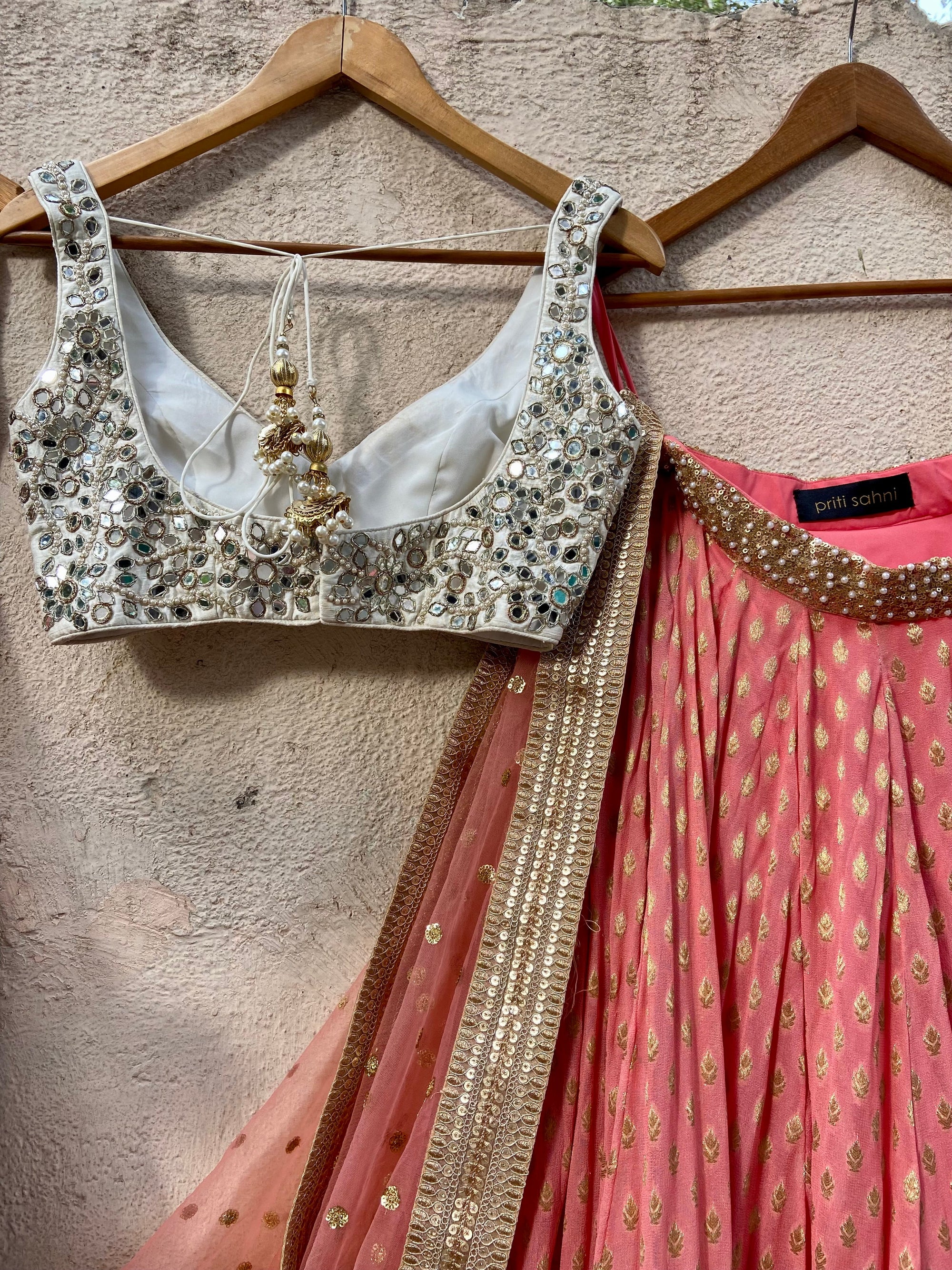 Coral and Ivory Mirror work Lehenga Set