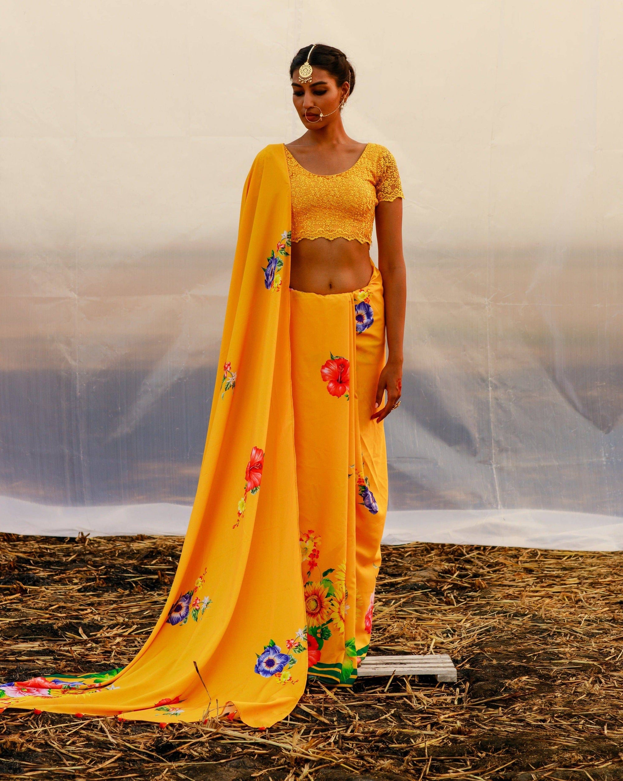 Crepe Printed Saree - yellow saree USA