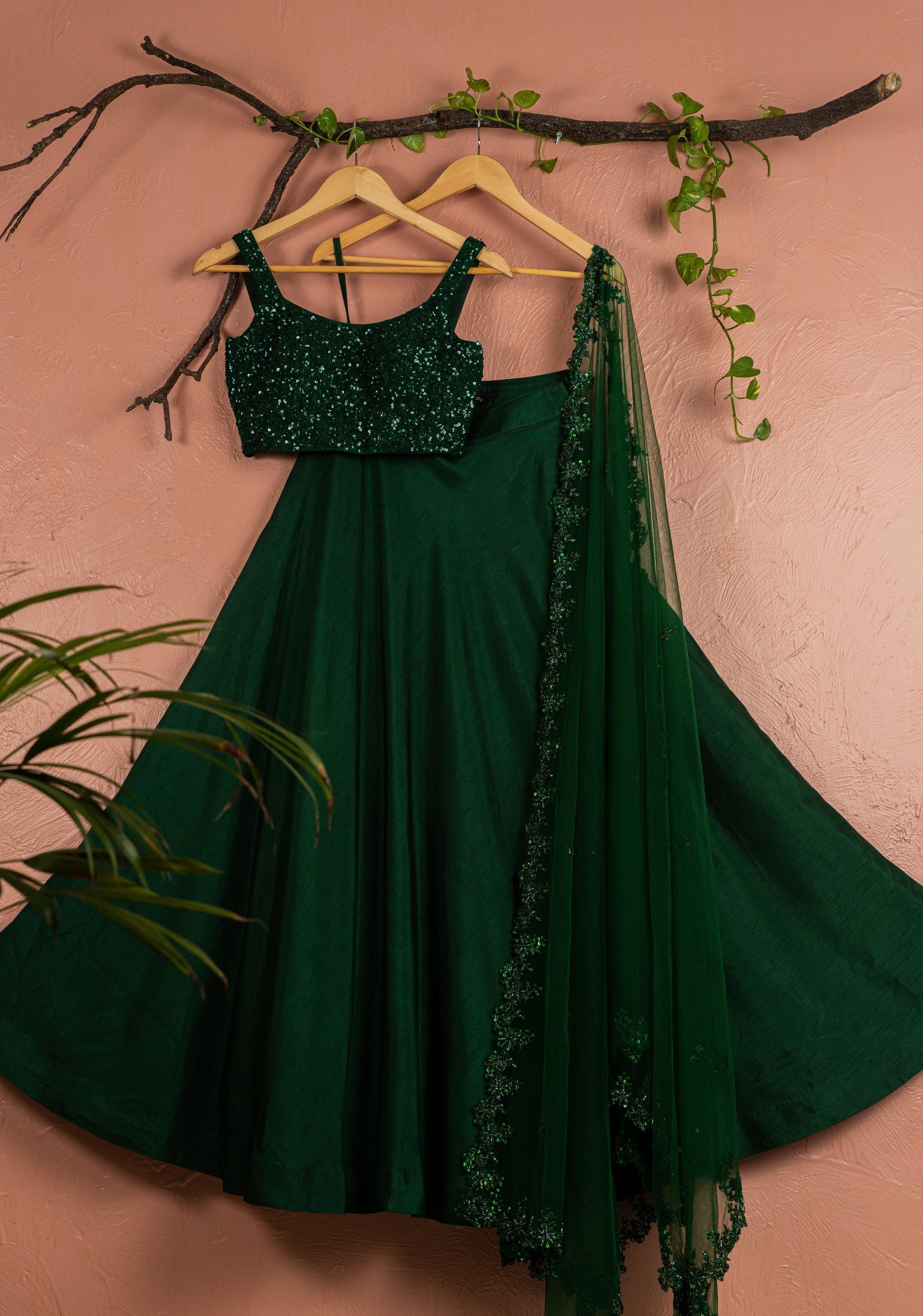 Dark Green Sequin Lehenga Set
