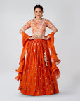 Deep Orange Embroidered Pleated Skirt Set