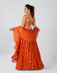 Deep Orange Embroidered Pleated Skirt Set