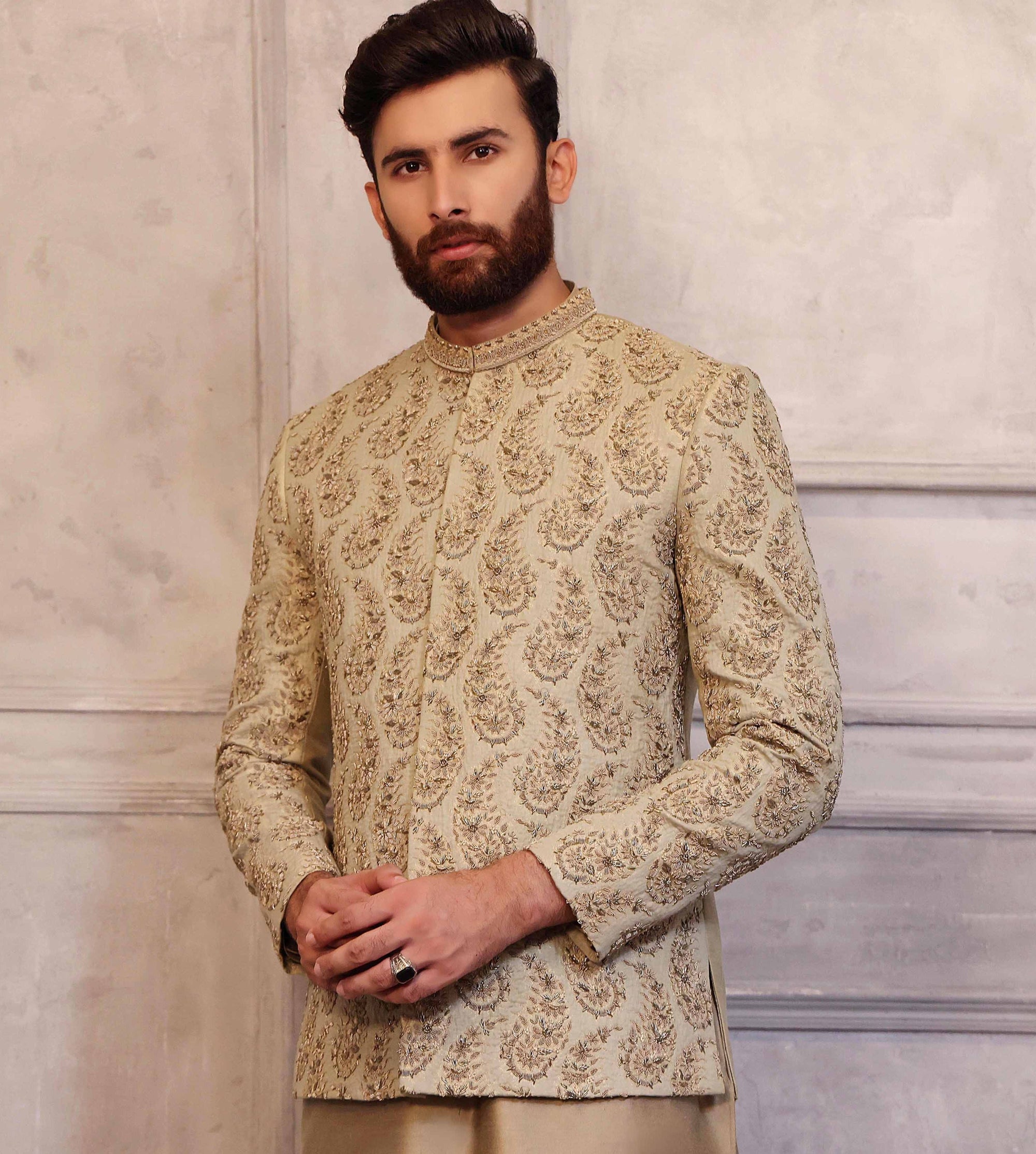 Dull Gold Prince Coat with Matching Raw Silk Suit