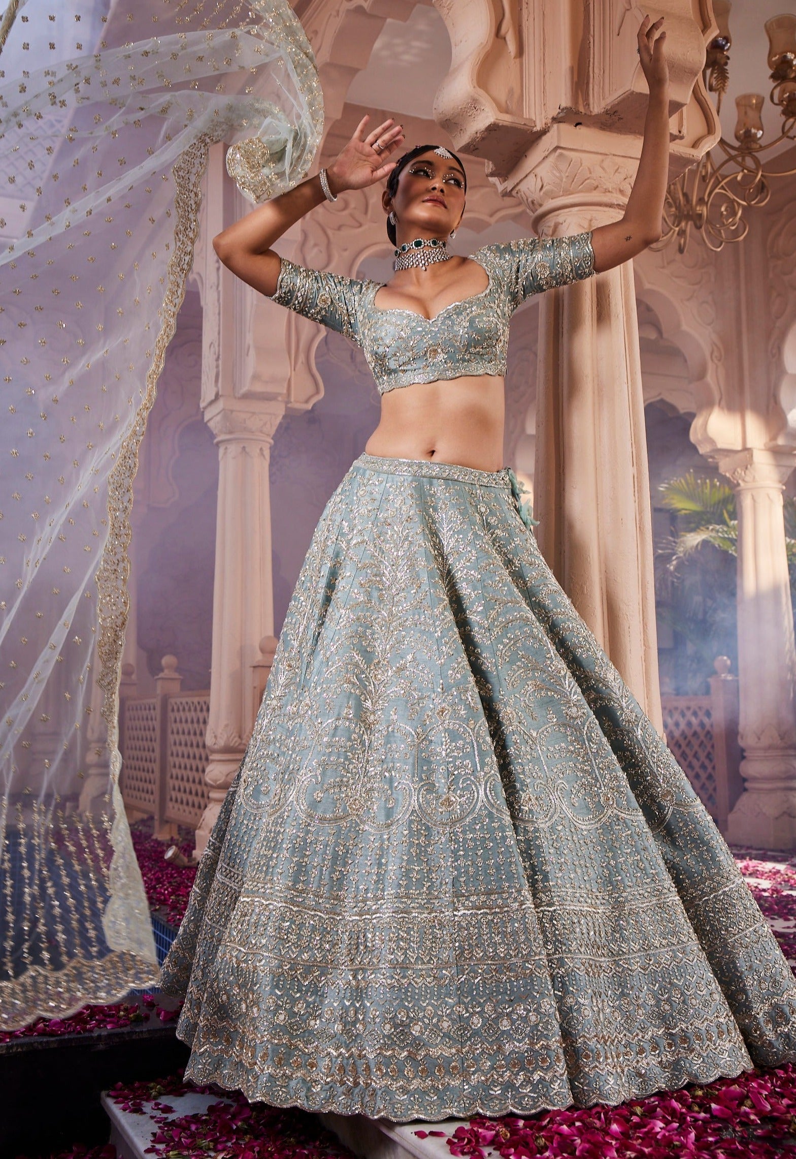Dusty Firoza Heavily Embroidered Lehenga